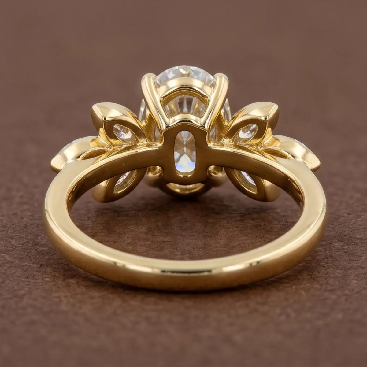 Undergallery perspective showing structural basket craftsmanship of a 3 CT oval lab diamond ring.