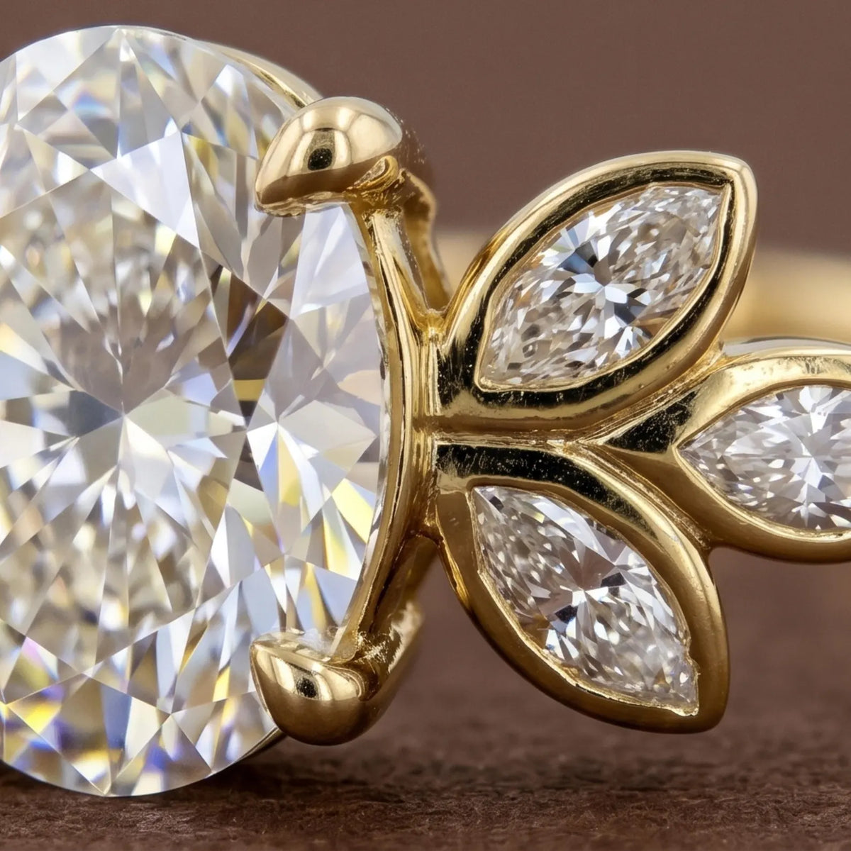 Extreme macro detail of marquise diamond leaf clusters and prong setting on an oval lab diamond ring.