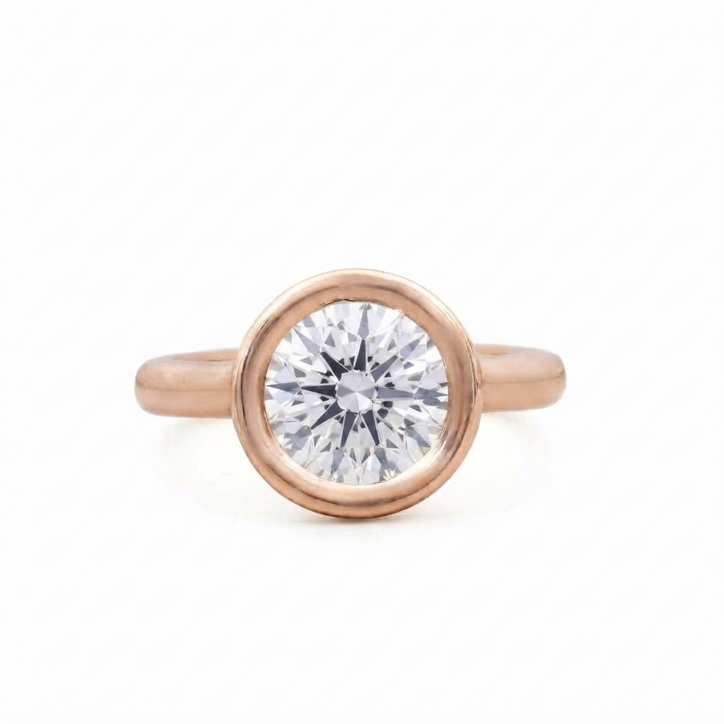 Direct top view of a 3 CT round lab grown diamond bezel engagement ring crafted in rose gold.