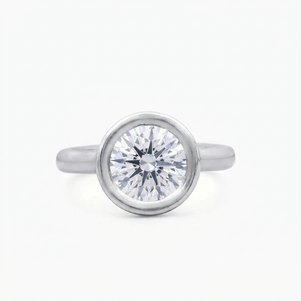 Top view showing a 3 CT round cut lab diamond in a white gold or platinum full bezel setting.