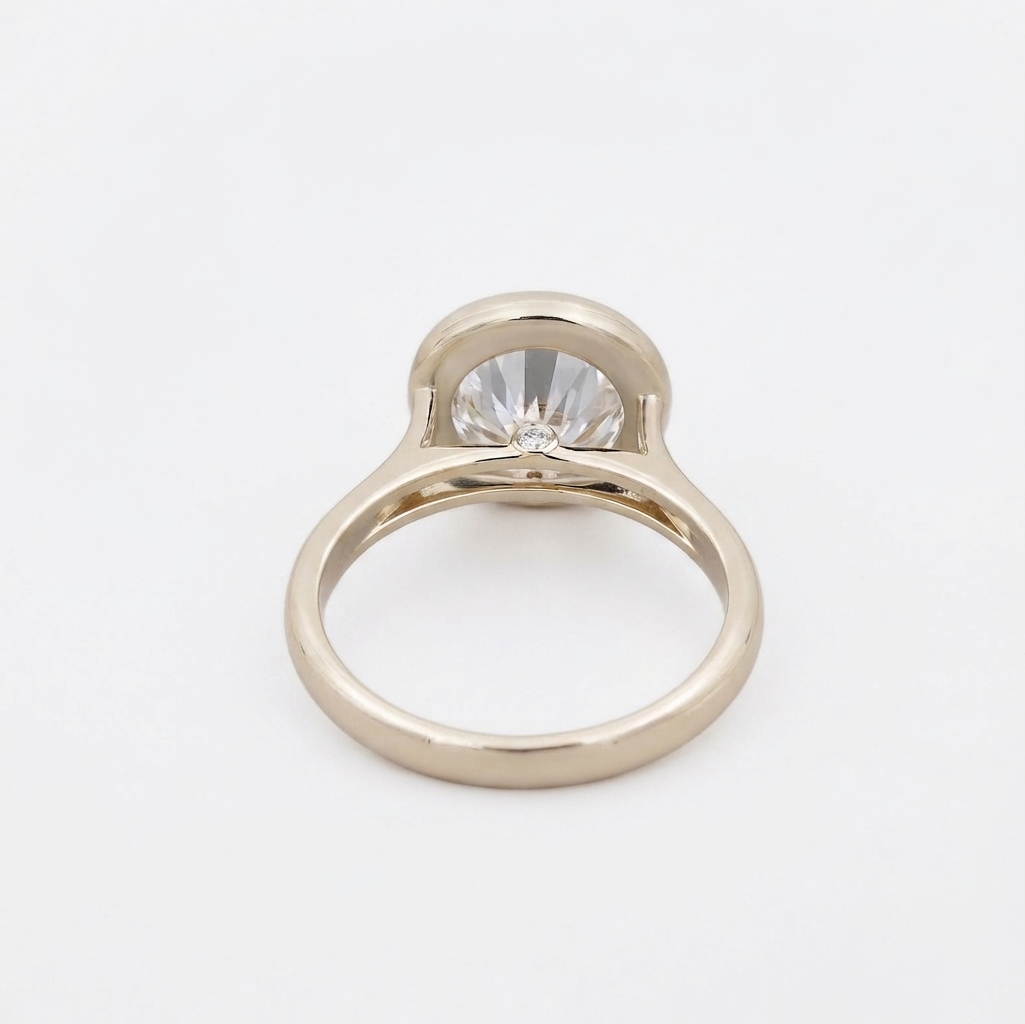 Perspective undergallery view displaying hidden bezel accent detail on a 3 CT round lab diamond ring.