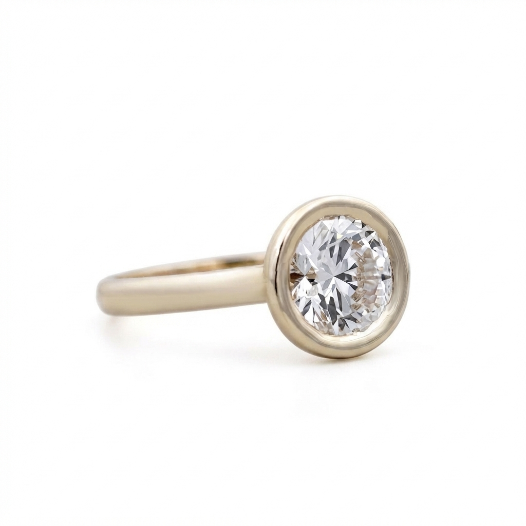 Angled perspective view showing thick dome band and low-profile bezel setting of a 3 CT round diamond ring.