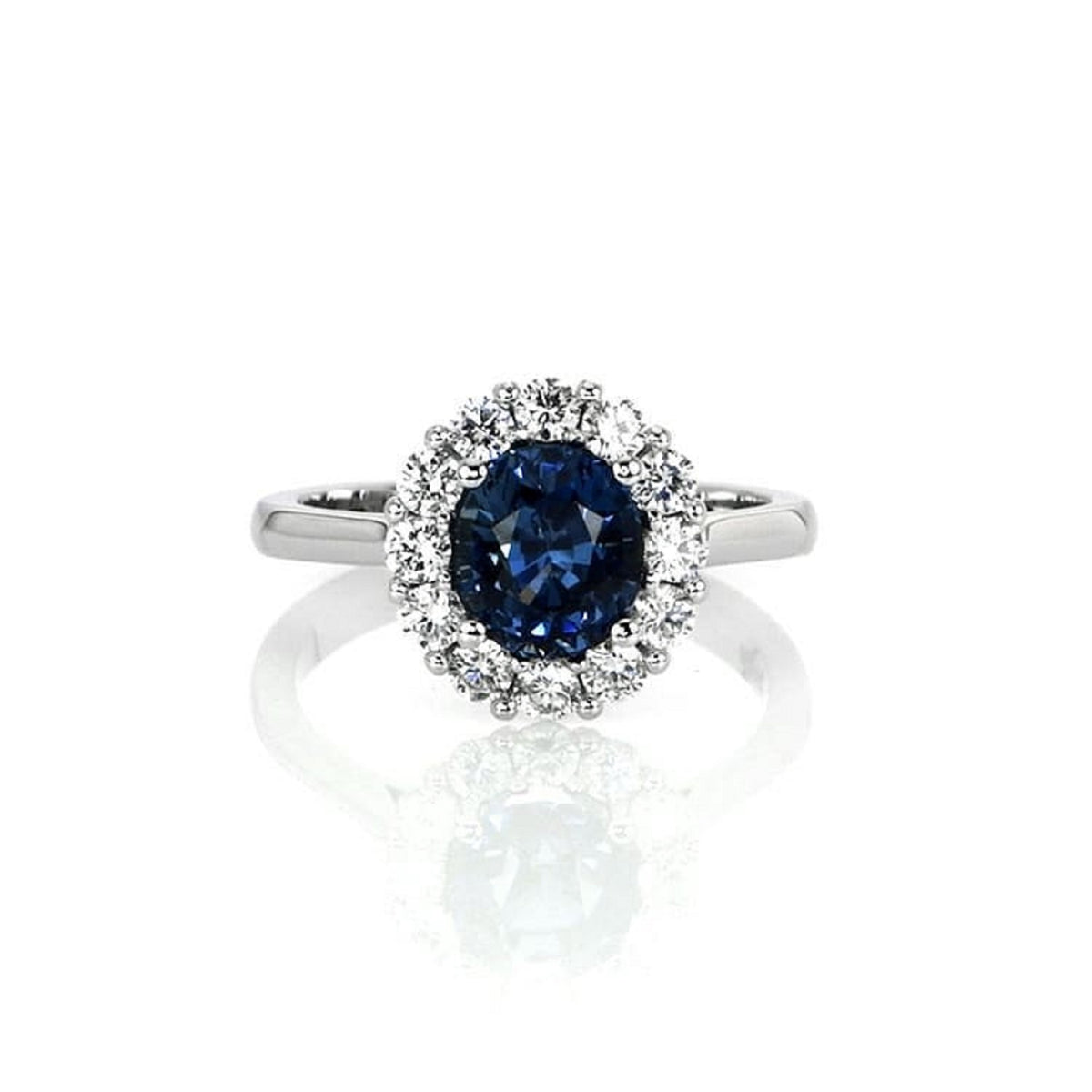 Front View of 3 Carat Blue Round Cut Moissanite Ring with Halo