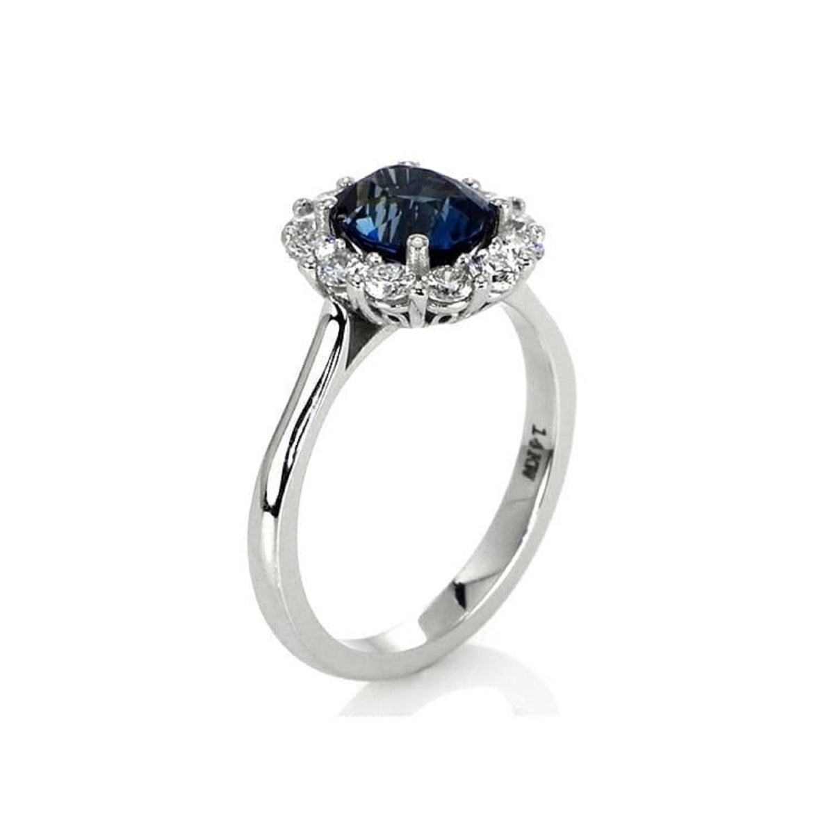 Angled Profile of 3 CT Blue Round Moissanite Ring in White Gold