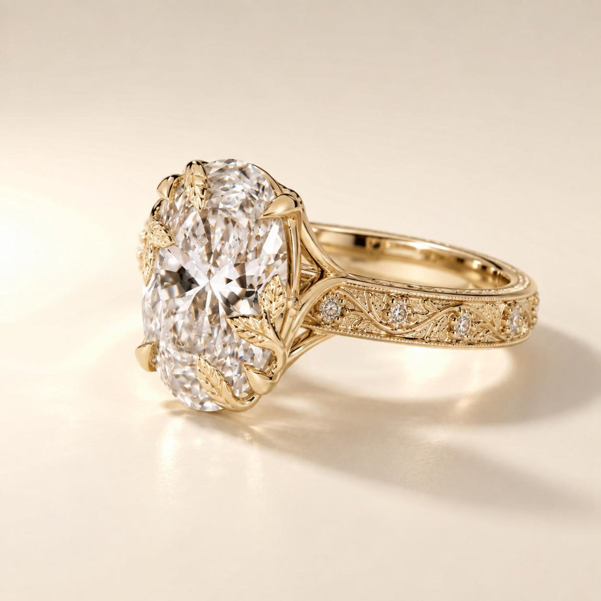 Angled side view showing detailed leaf-shaped prongs and floral vine hand-engraving with diamond accents.