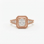 Front top-down view of a 2 CT princess cut lab grown diamond ring with a geometric milgrain frame in rose gold.