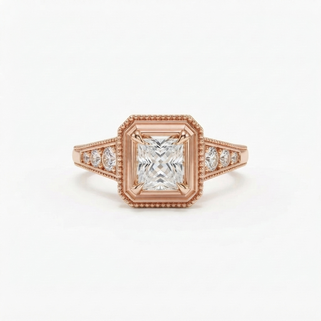 Front top-down view of a 2 CT princess cut lab grown diamond ring with a geometric milgrain frame in rose gold.