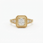 Direct top view of a 2 CT princess cut lab diamond ring set in yellow gold with milgrain border detailing.