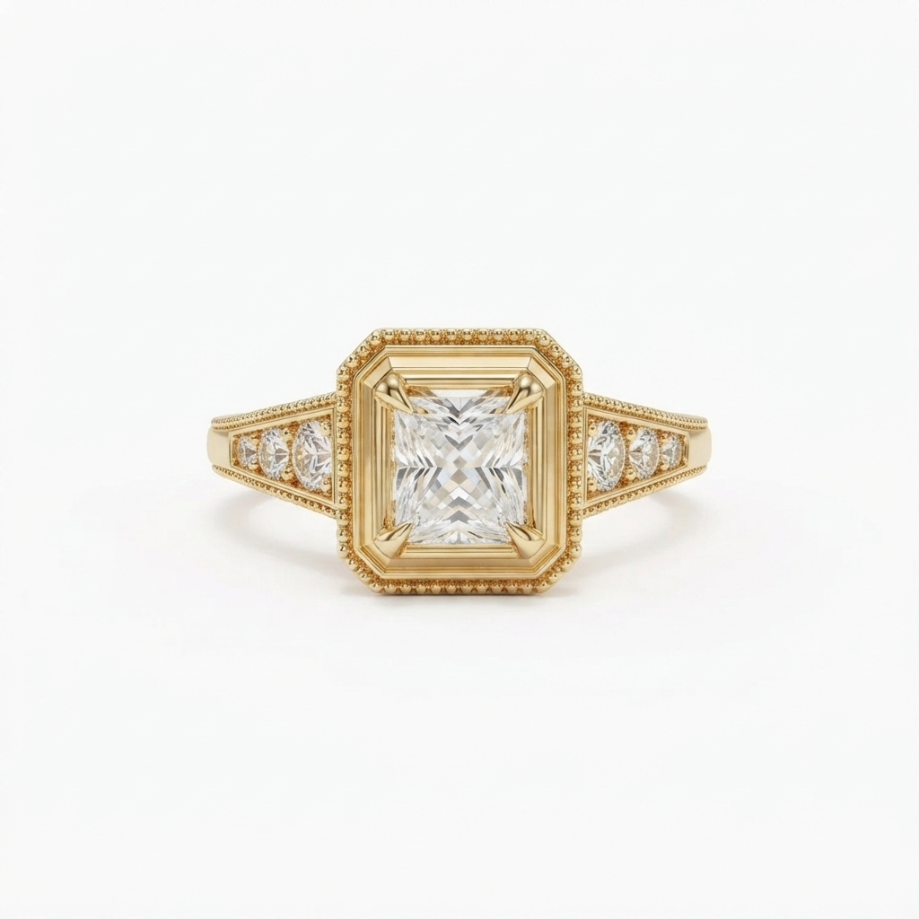 Direct top view of a 2 CT princess cut lab diamond ring set in yellow gold with milgrain border detailing.