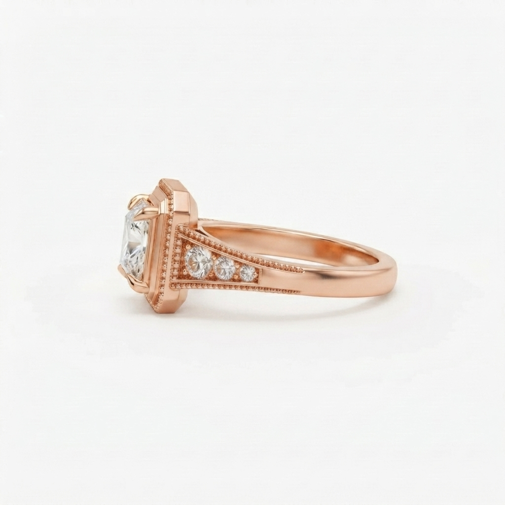 Angled side perspective displaying graduated side stones set in milgrain borders on a rose gold 2 CT princess cut diamond ring.