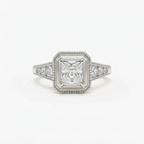 Front view of a 2 CT princess cut lab grown diamond in a platinum or white gold vintage milgrain framework.