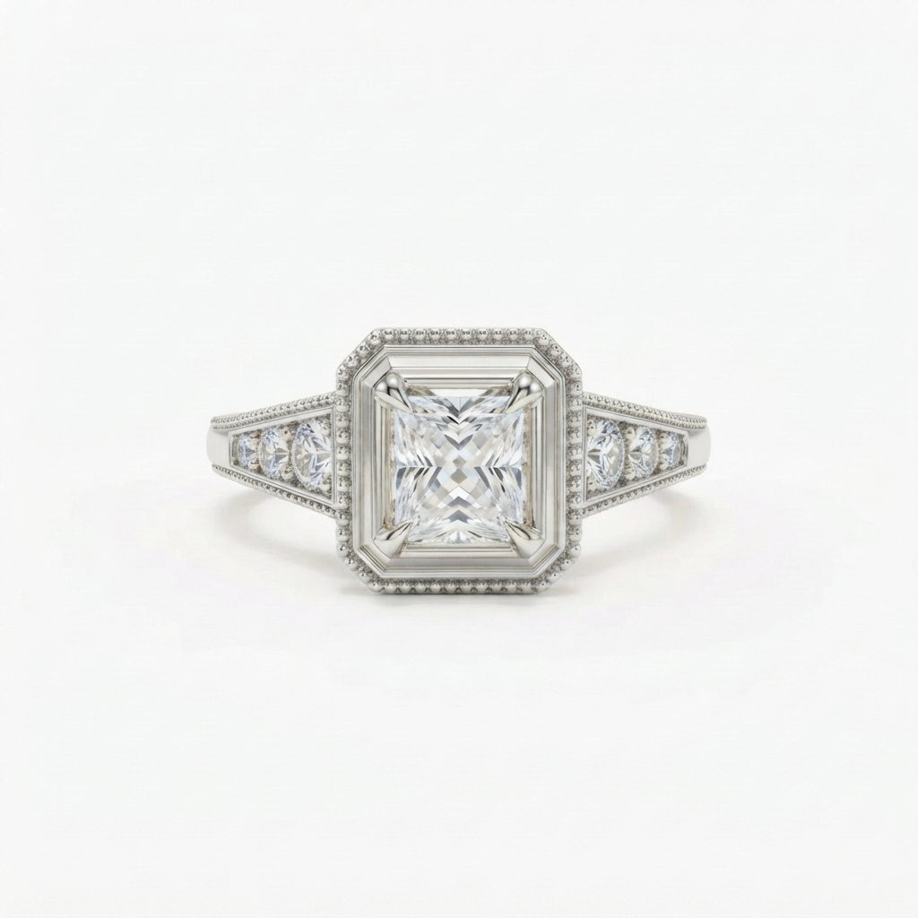 Front view of a 2 CT princess cut lab grown diamond in a platinum or white gold vintage milgrain framework.