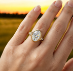 On-hand view of a 4 CT oval cut lab diamond set in a sleek yellow gold bezel frame.