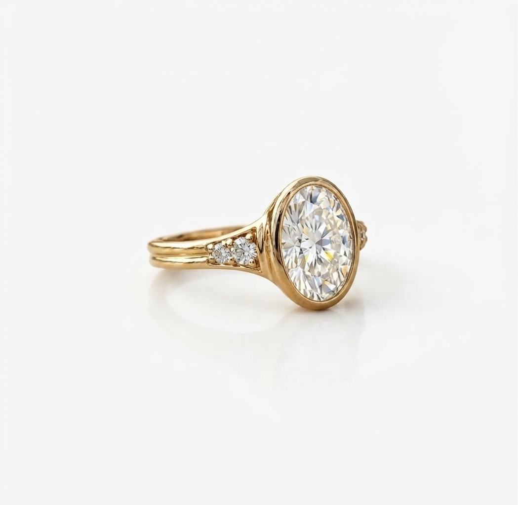 Perspective shot showing side accent diamonds set in tapered shoulders with a double-ridged band.