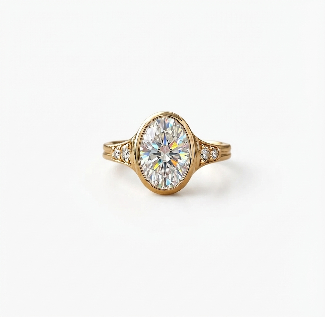 Front view of a 4 CT oval lab diamond surrounded by a protective gold bezel with side accent diamonds.