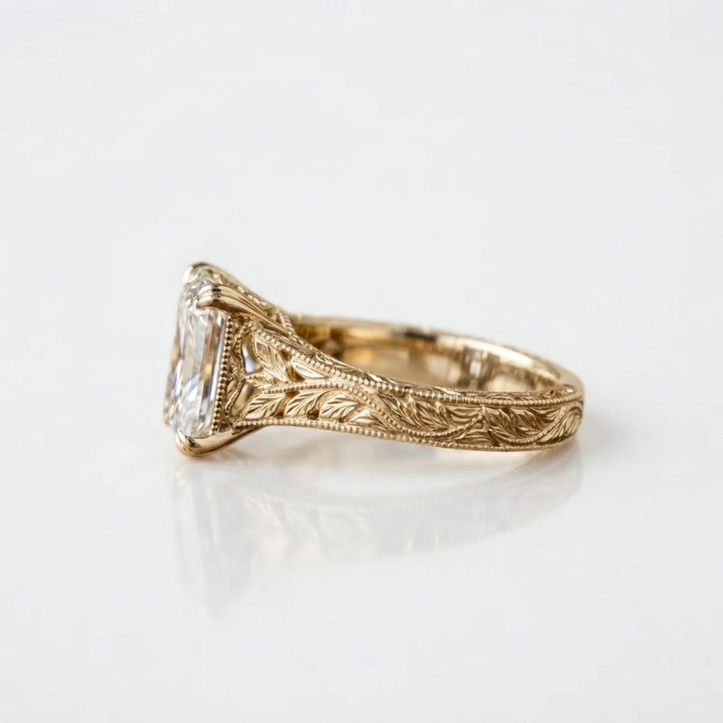 Side profile showing detailed hand-engraved botanical vine motifs and milgrain edging on a yellow gold radiant cut engagement ring.