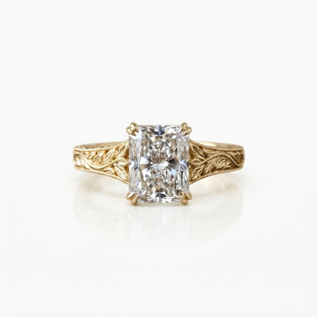 Front view of a 4 CT radiant cut lab diamond ring set with double claw prongs on an engraved leaf-motif yellow gold band.