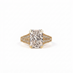 Top front view of a 4 CT radiant cut lab grown diamond held by heart-corner prongs on a wide double-row pavé diamond band.