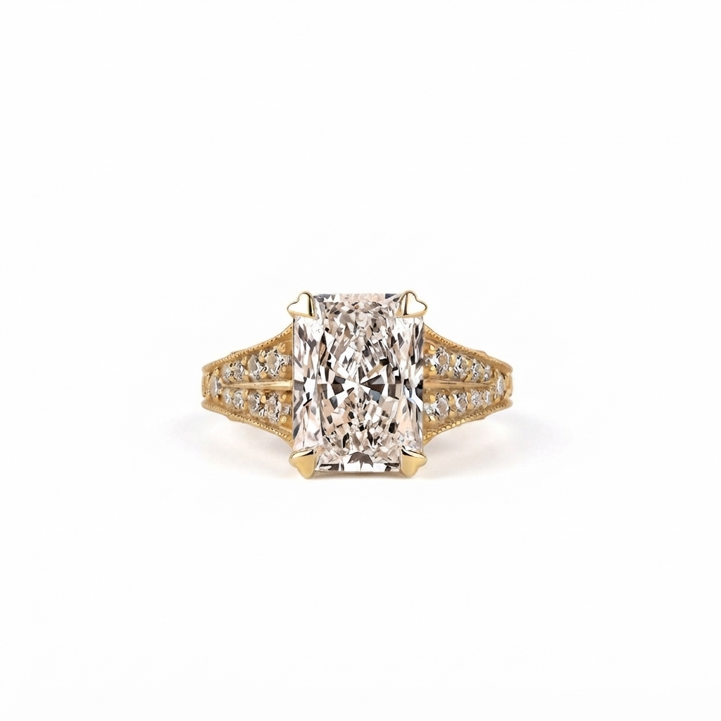 Top front view of a 4 CT radiant cut lab grown diamond held by heart-corner prongs on a wide double-row pavé diamond band.