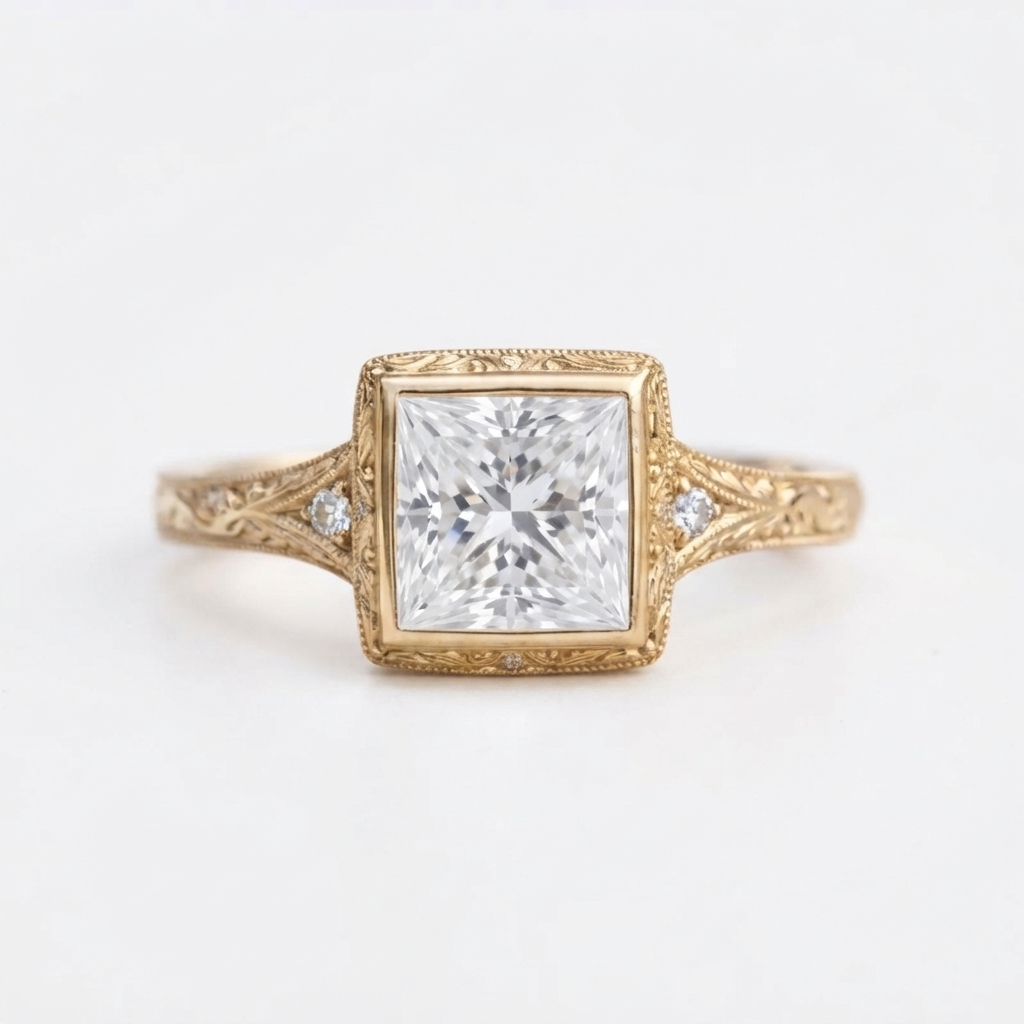Front top view of a 4 CT princess cut lab diamond set in an engraved yellow gold bezel frame with shoulder accents.