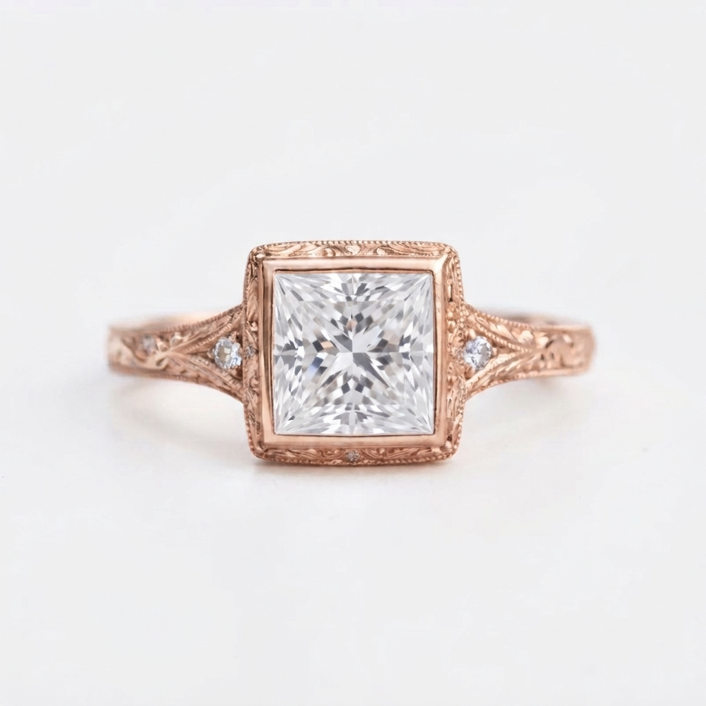 Top view of a 4 CT princess cut lab grown diamond vintage bezel ring in 14K rose gold with hand-carved scrollwork.