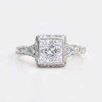 Front view of a 4 CT square princess cut lab diamond ring in white gold with vintage bezel setting and side accent stones.