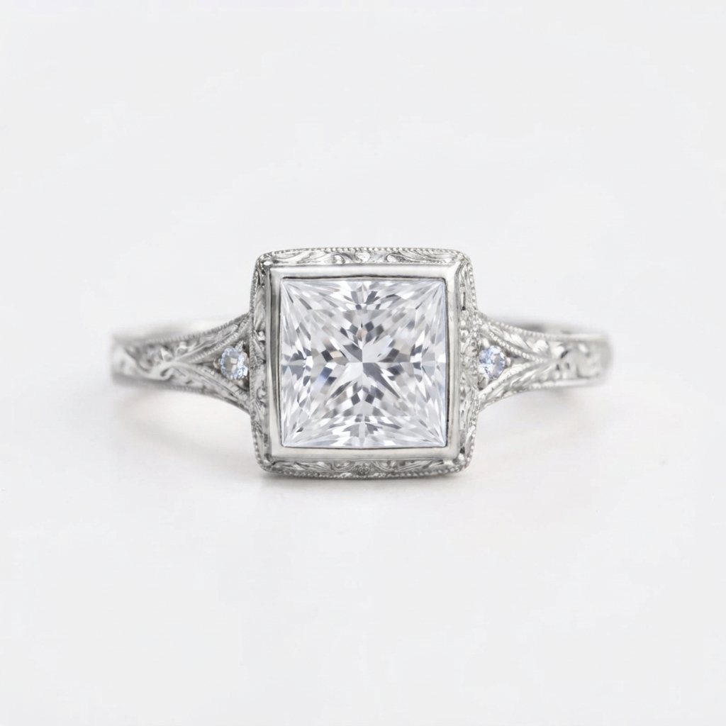 Front view of a 4 CT square princess cut lab diamond ring in white gold with vintage bezel setting and side accent stones.