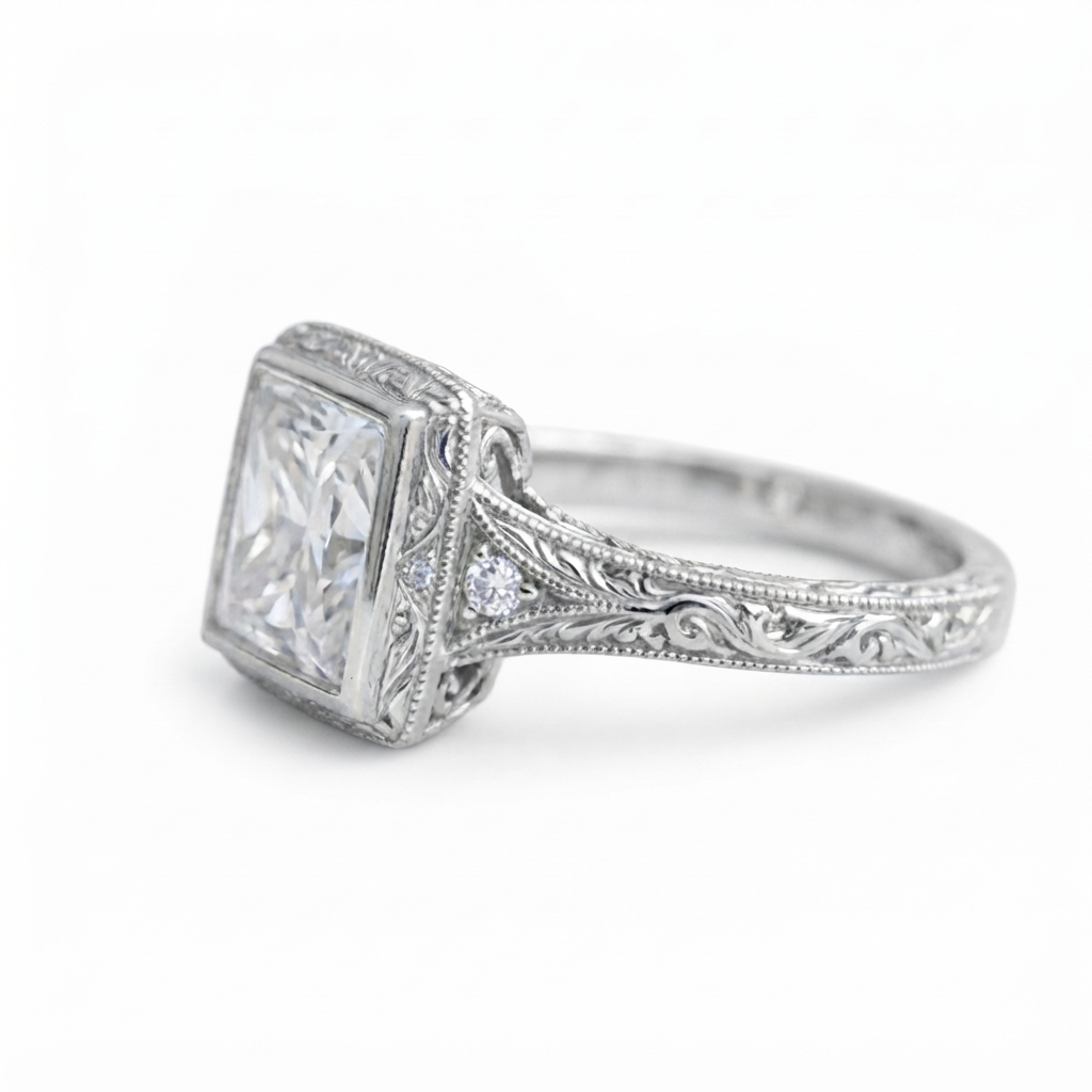 Side angle profile of a white gold 4 CT princess cut lab diamond ring highlighting hand-carved vintage scroll patterns.