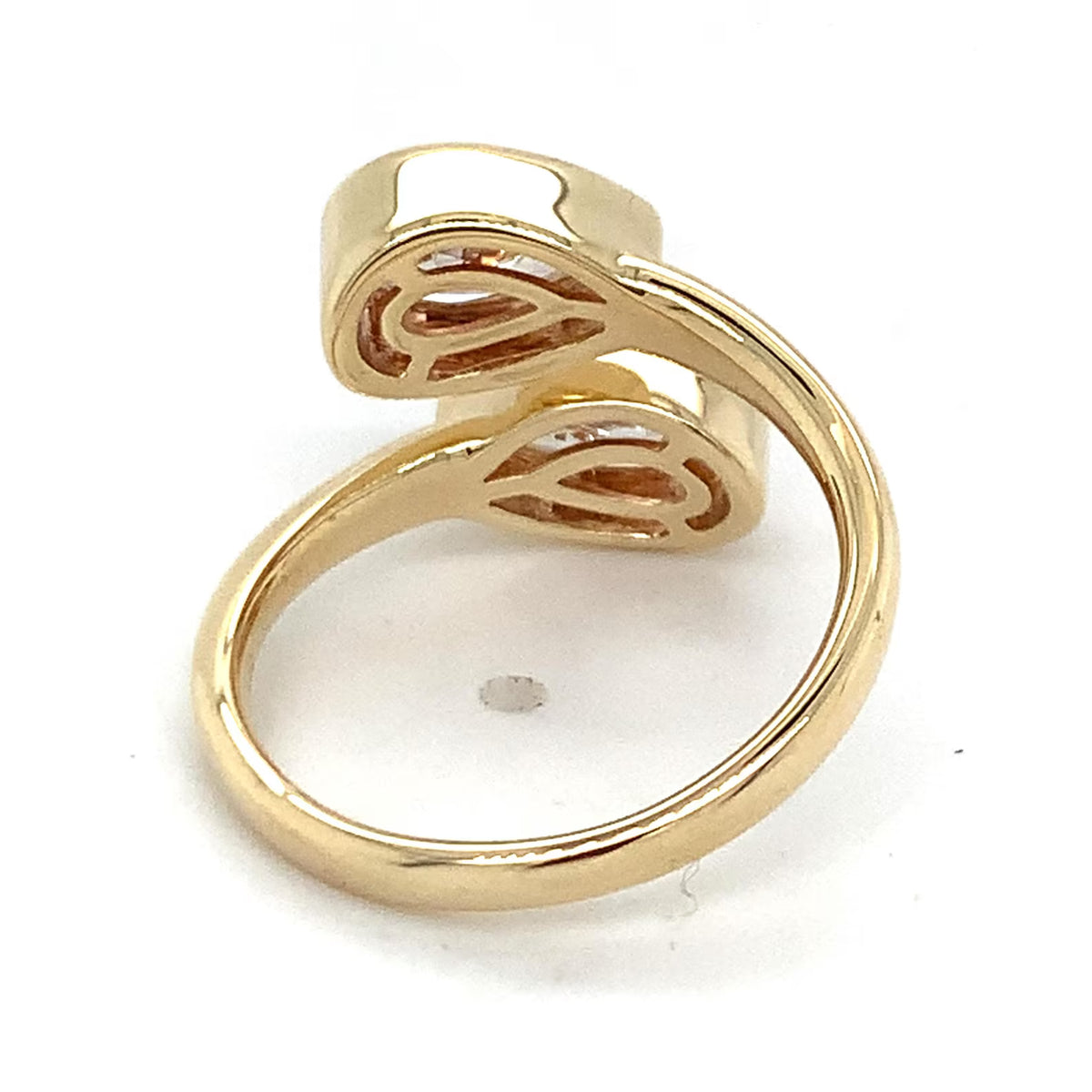 Close-up profile view of the smooth 14K yellow gold band stamped with 14K LG authentication mark.