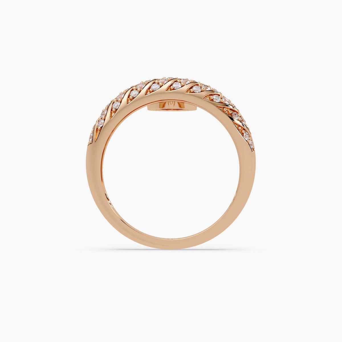 Side profile view of a rose gold twisted cable ring band set with diagonal micro pavé round diamonds.