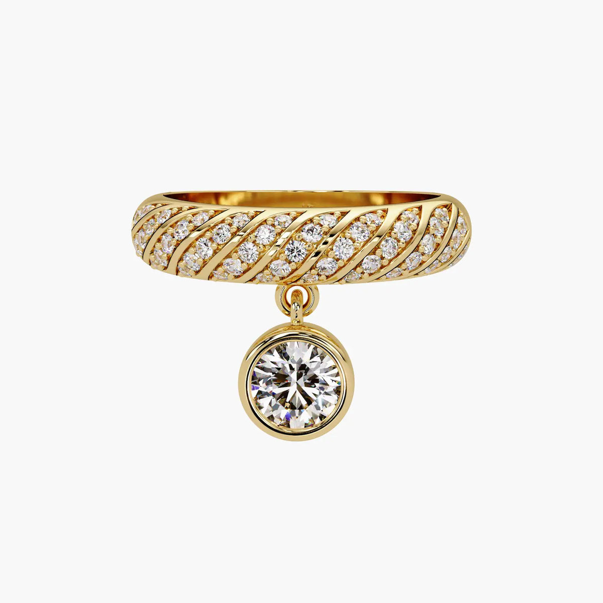 Front view of a 14K yellow gold twisted pavé band ring featuring a hanging bezel-set round lab diamond charm.