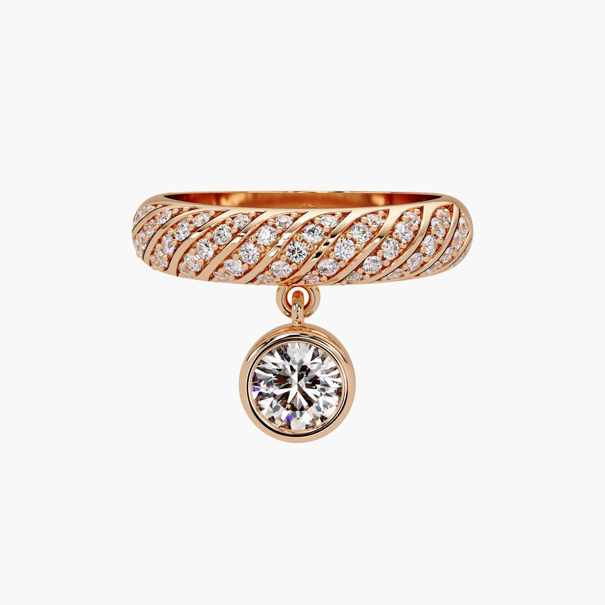 Front view of a rose gold twisted pave diamond band featuring a dangling bezel round lab diamond charm.