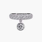 Front view of a white gold braided cable pave diamond band with a hanging round lab diamond charm.