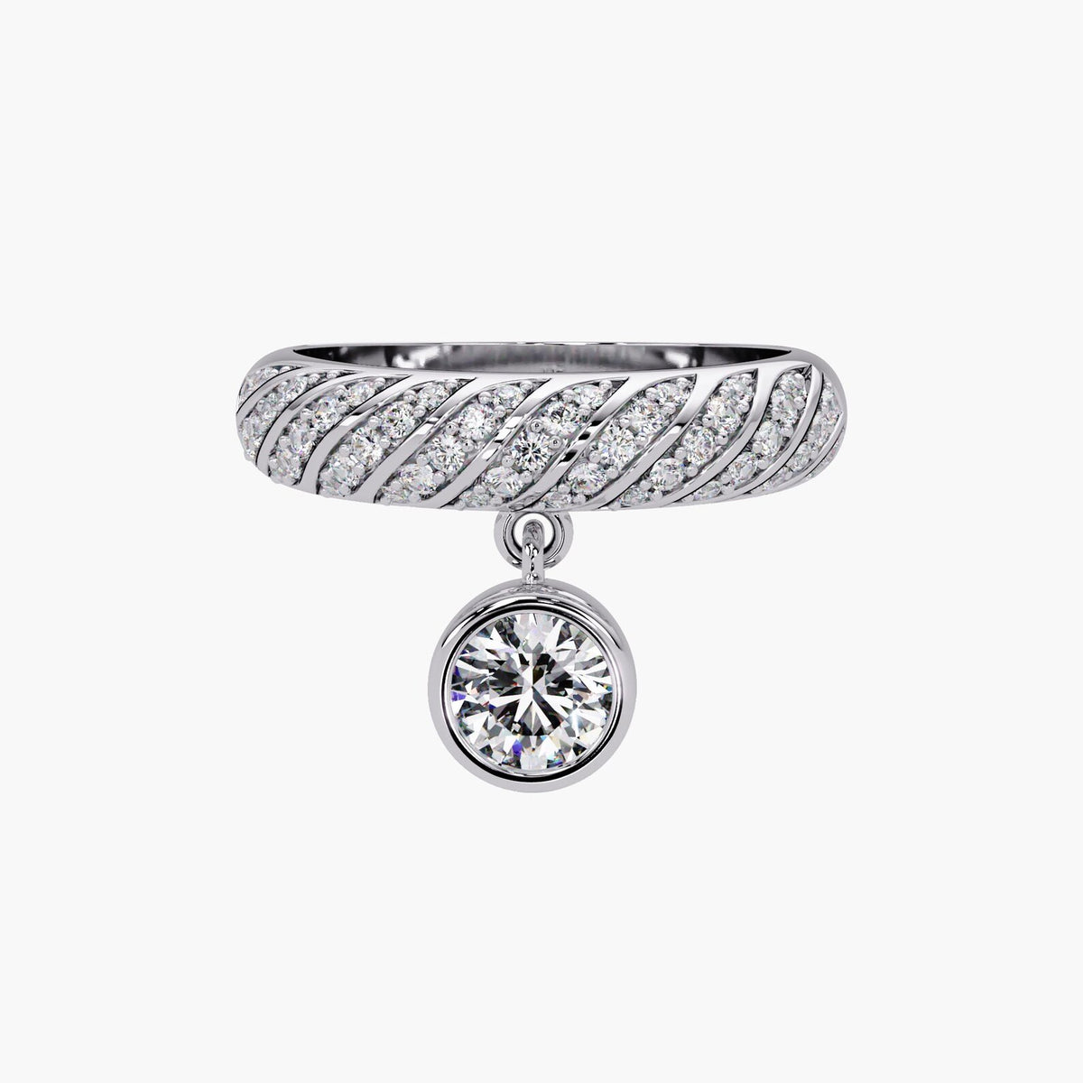 Front view of a white gold braided cable pave diamond band with a hanging round lab diamond charm.