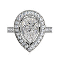 Top view of a 3 CT pear cut lab grown diamond engagement ring featuring a double halo with milgrain detail and pavé band.