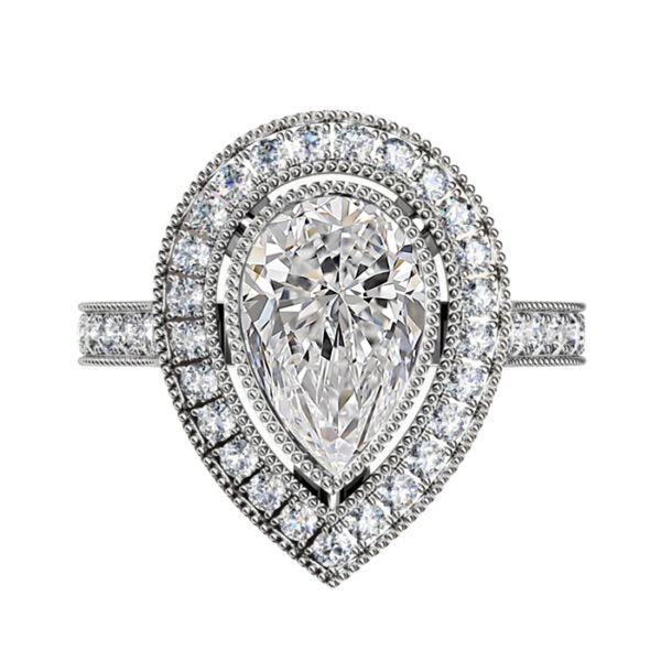 Top view of a 3 CT pear cut lab grown diamond engagement ring featuring a double halo with milgrain detail and pavé band.