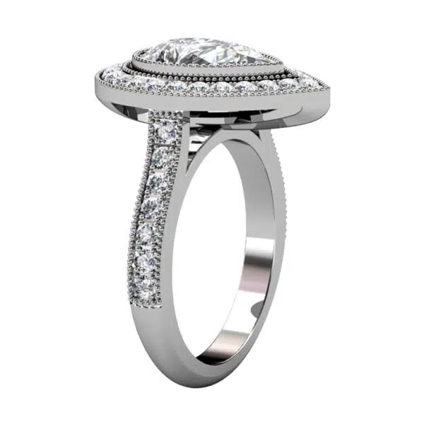 Side view highlighting the micro-pavé set band with delicate milgrain borders on a vintage white gold ring.