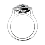 Profile view of the cathedral undergallery supporting a 3 CT pear cut lab diamond double halo ring setting.