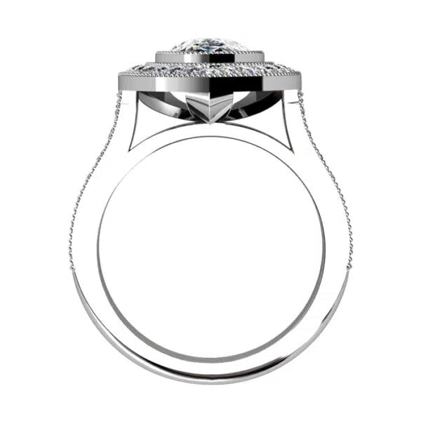 Profile view of the cathedral undergallery supporting a 3 CT pear cut lab diamond double halo ring setting.