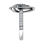 Profile view of the cathedral undergallery supporting a 3 CT pear cut lab diamond double halo ring setting.