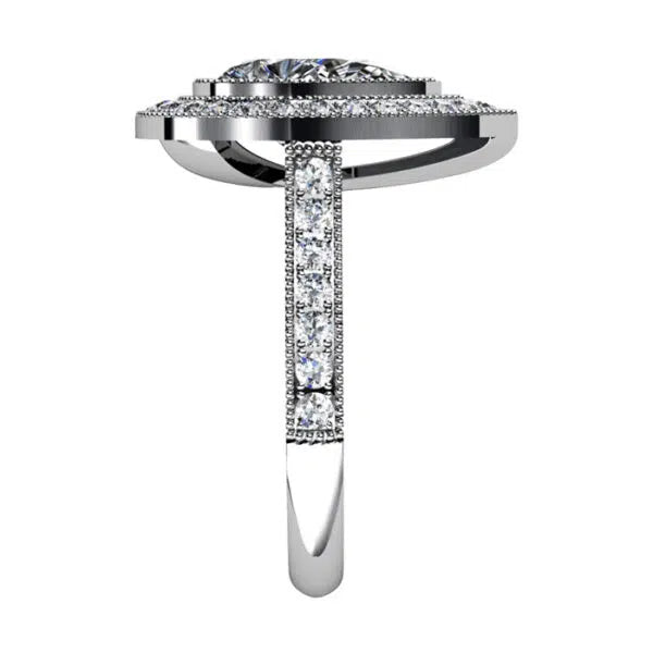Profile view of the cathedral undergallery supporting a 3 CT pear cut lab diamond double halo ring setting.