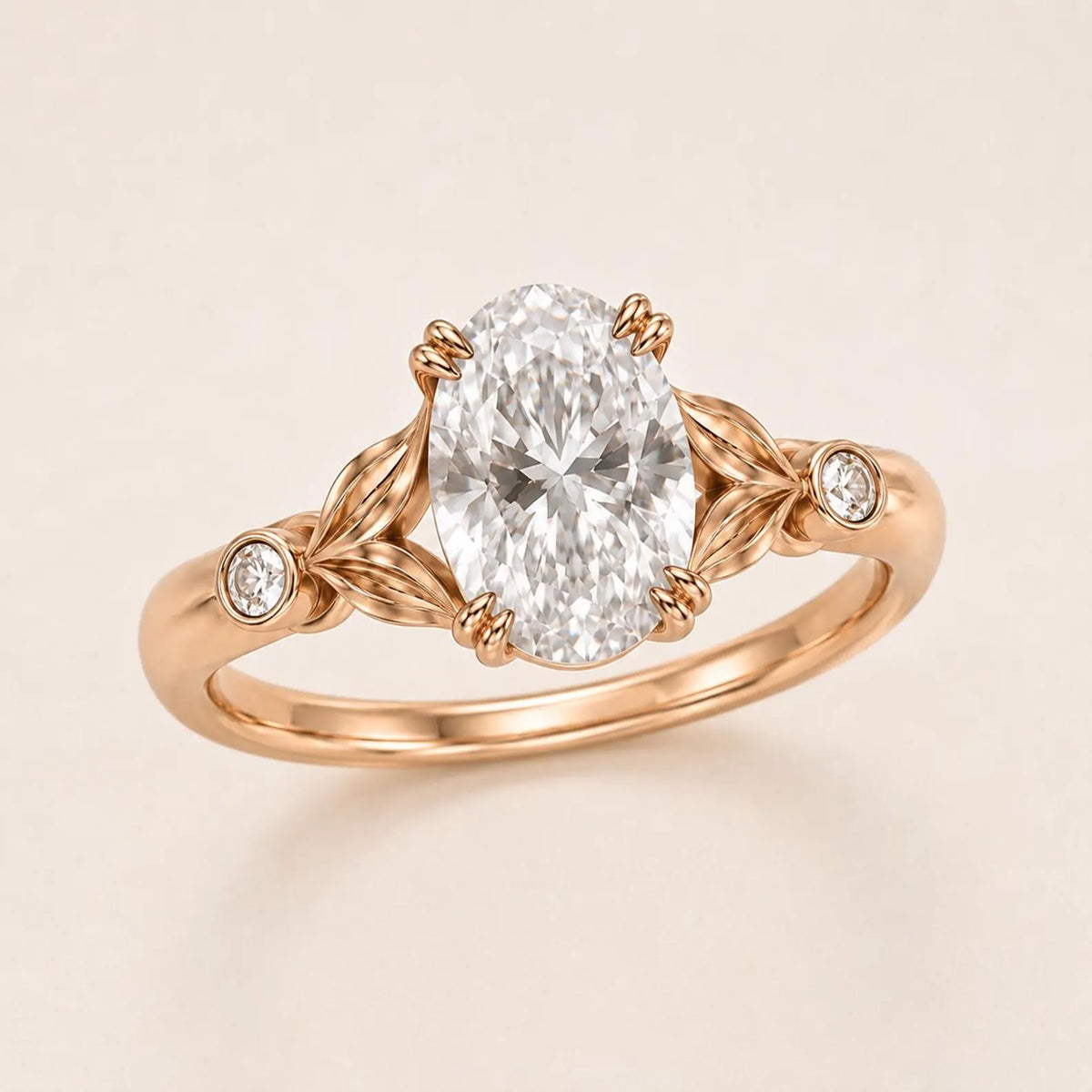 Angled view of a 3 CT oval lab grown diamond ring featuring botanical vine shoulders and bezel accents.