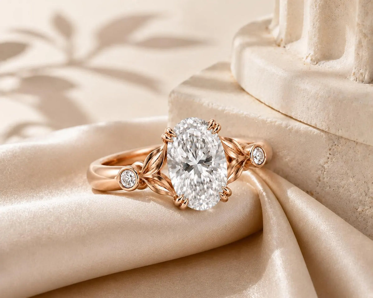 Aesthetic display of a 3 carat oval lab diamond leaf motif engagement ring resting on beige silk.