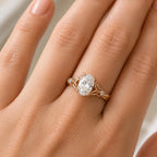 On-hand view of a 3 CT oval cut lab grown diamond nature-inspired rose gold engagement ring.