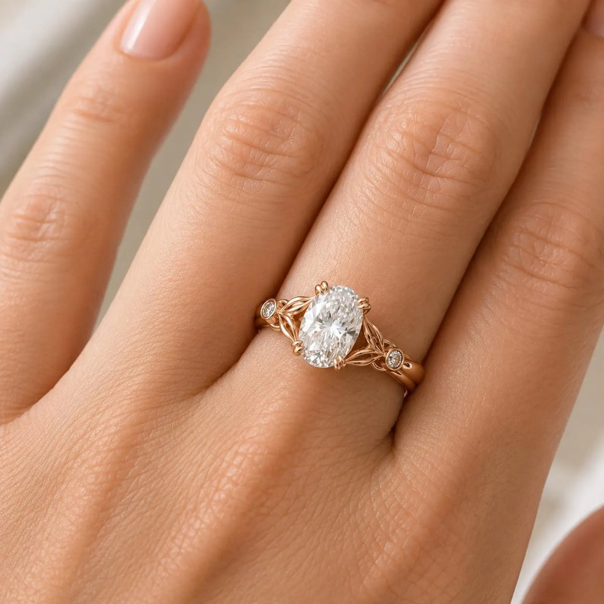 On-hand view of a 3 CT oval cut lab grown diamond nature-inspired rose gold engagement ring.