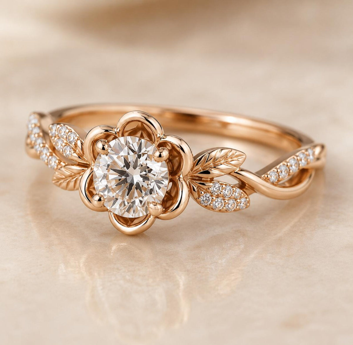 Angled view of a rose gold floral flower halo ring with 2 carat round lab diamond and twisted vine pavé band.