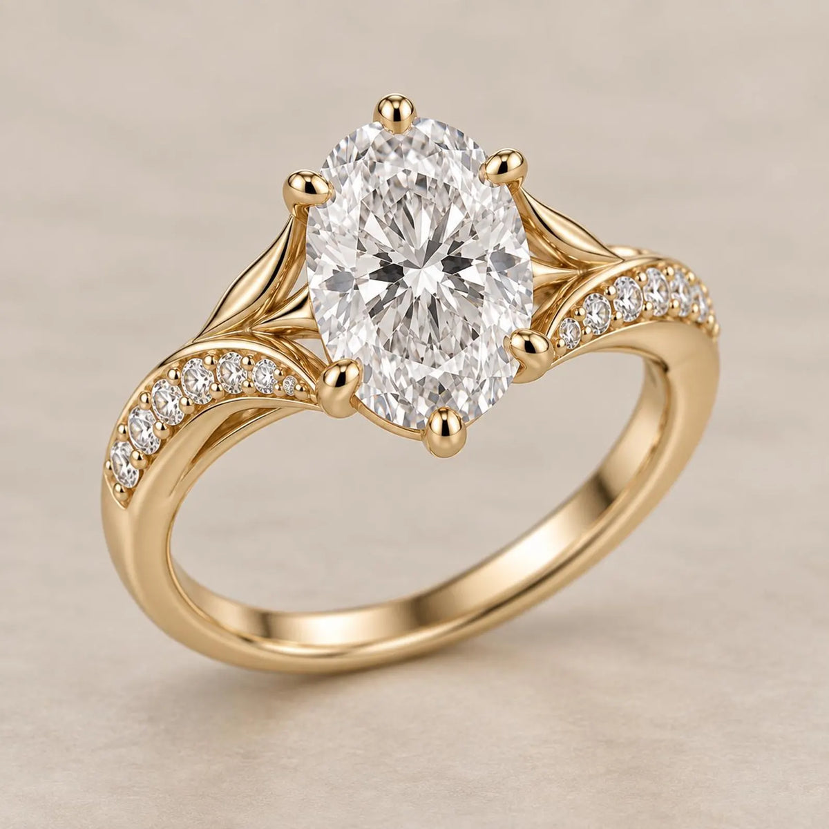 Three-quarter perspective view of a 3 carat oval lab diamond ring highlighting curved pavé accents and yellow gold band.