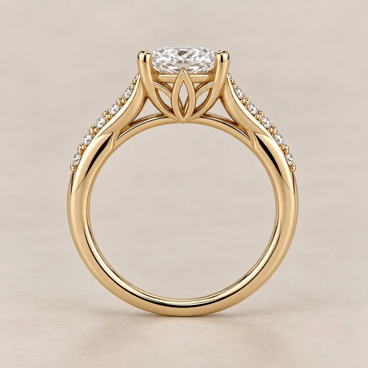 Profile view showing the cathedral petal basket undergallery supporting a 3 CT oval lab grown diamond ring.