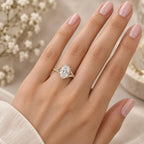 On-hand view of a 3 CT oval cut lab grown diamond engagement ring in yellow gold.