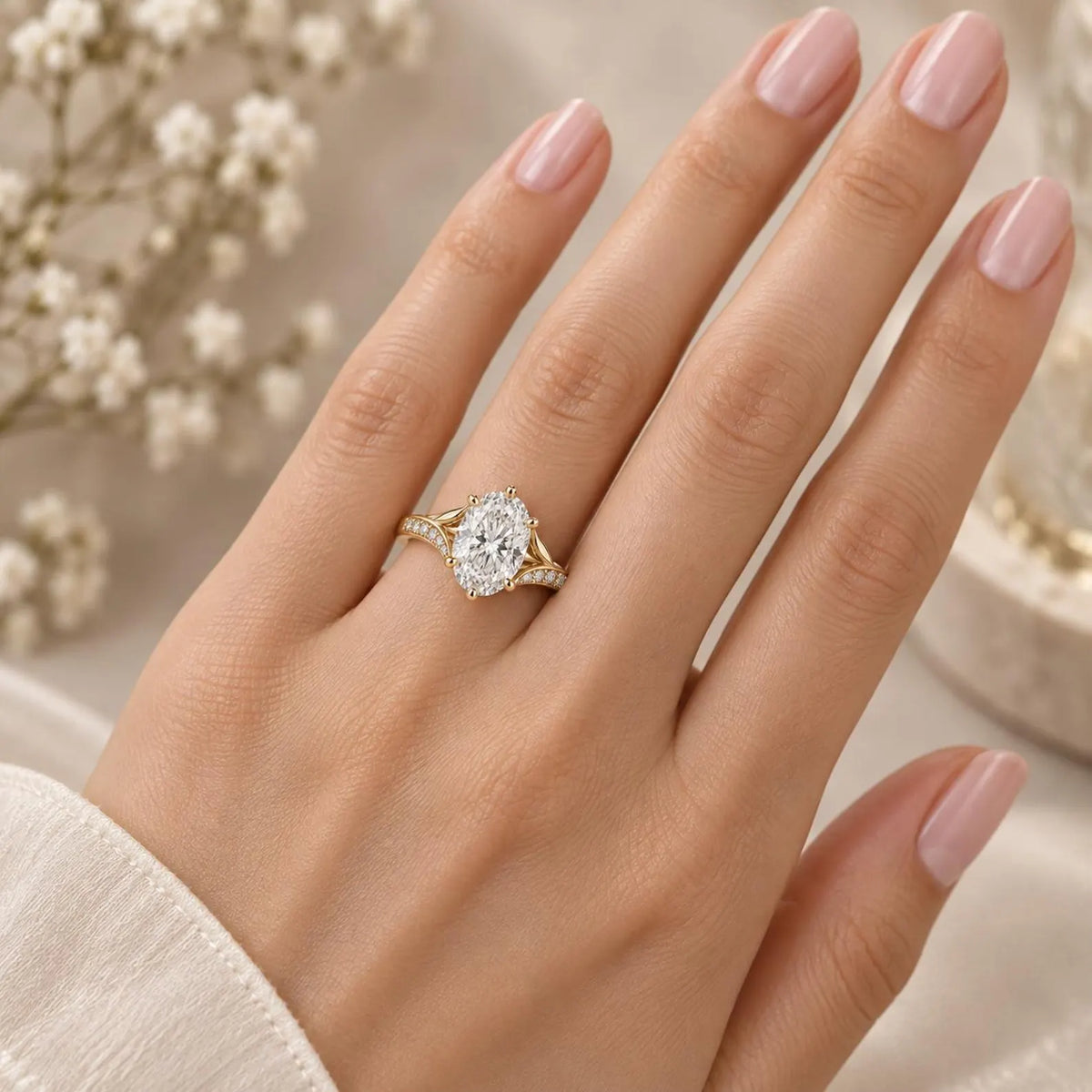 On-hand view of a 3 CT oval cut lab grown diamond engagement ring in yellow gold.